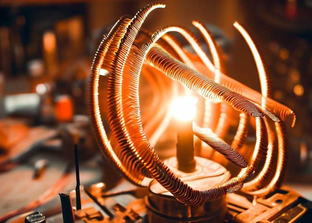DIY magnetic generator setup in a home workshop with tools and components visible