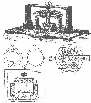Technical blueprints showing the internal components of a magnetic energy generator