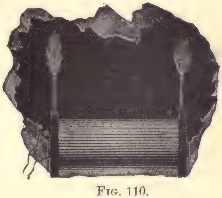 1894 photograph, Fig. 110, printed p. 165: an induction coil photographed against a dark ground, the winding shown as a wide stack of many flat turns filling the lower half of the plate, an insulated column standing at either side of it, and from the top of each column a pale discharge rising upward, bright at its root just above the metal and widening into a tufted plume, the two plumes alike in height and shape