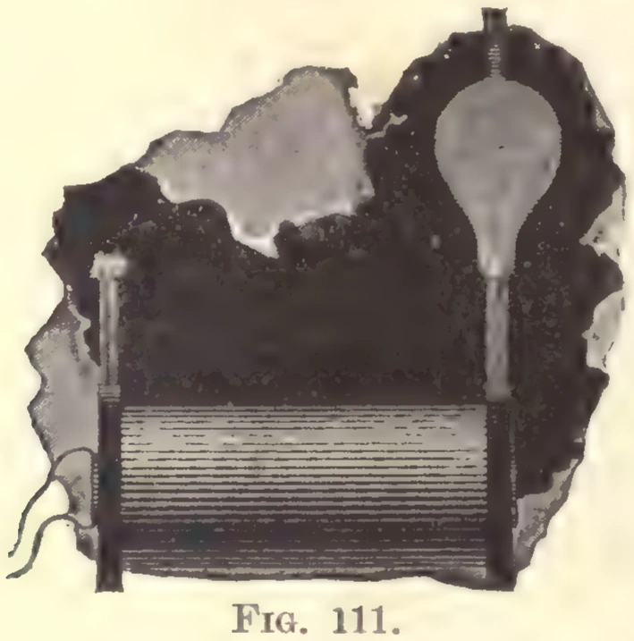 1894 photograph, Fig. 111, printed p. 168: the same kind of coil, its winding a stack of many flat turns along the bottom of the plate and an insulated column at either side; standing on the top of the right-hand column is a bright pear-shaped glow, broad and rounded at the top and narrowing to a thin bright stem that runs down to the terminal, with a short ribbed section and a small dark fitting above it; the column at the left is capped by a small bright discharge