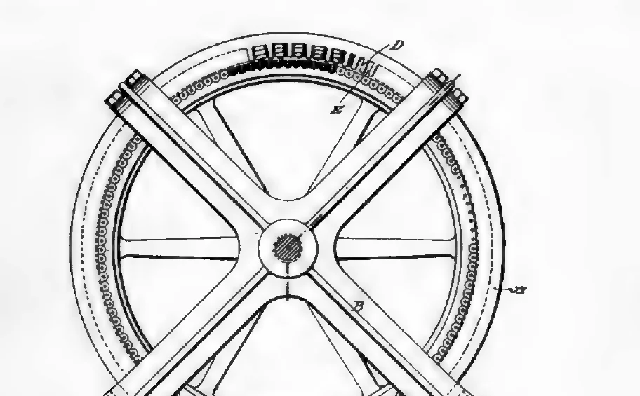 1894 engraving, Fig. 199: Tesla's high-frequency alternator in side elevation, a large annular magnetic frame carried on a four-armed spider with a bolted base, the zigzag field winding visible in the rim grooves