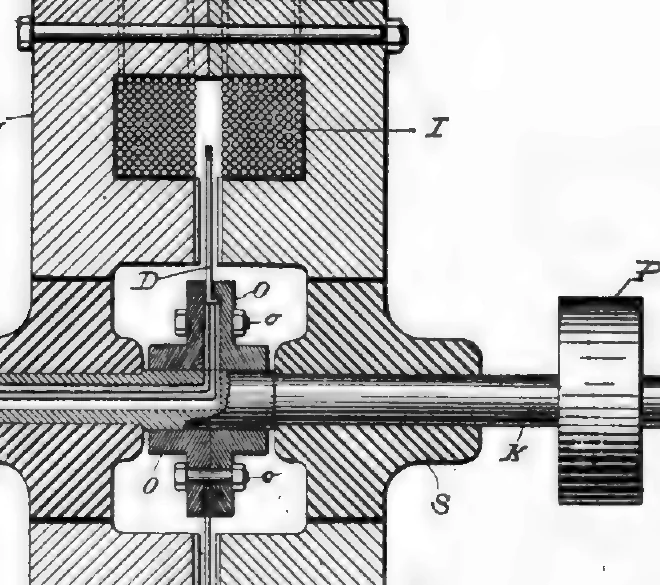1894 engraving, Fig. 206: section through a high-frequency alternator with two stacked field cores, an armature disc on a horizontal shaft, collecting rings at one end and a pulley at the other
