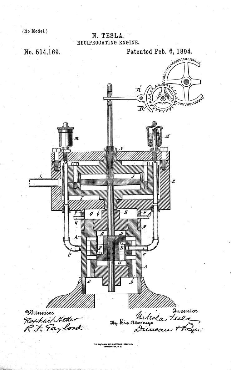 US patent 514,169, 'Reciprocating Engine', Nikola Tesla: the sheet drawing in section, showing a horizontal cylinder block with ports, a vertical rod and piston, an electromagnet at its lower end, and a ratchet and gear train above