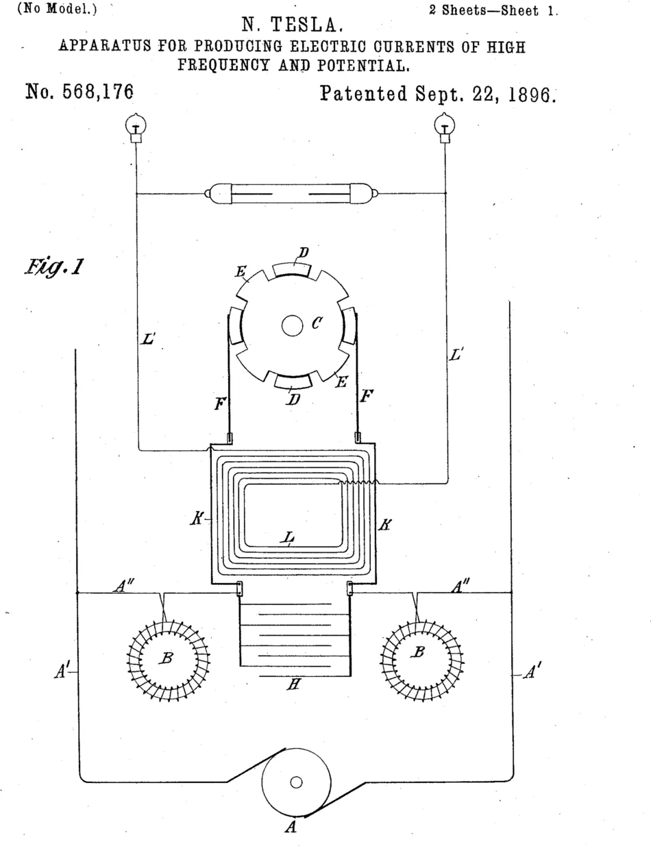 1896 patent drawing, US 568,176, Nikola Tesla, Fig. 1: a source of high-frequency high-potential currents drawn as a circuit diagram, a supply main and a source marked A at the bottom feeding two choking coils marked B and a plate condenser marked H, a rotary interrupter marked C with segments D and E touched by brushes F, a transformer with primary windings marked K and a secondary marked L, and that secondary led out through the leads marked L' to two terminals at the top