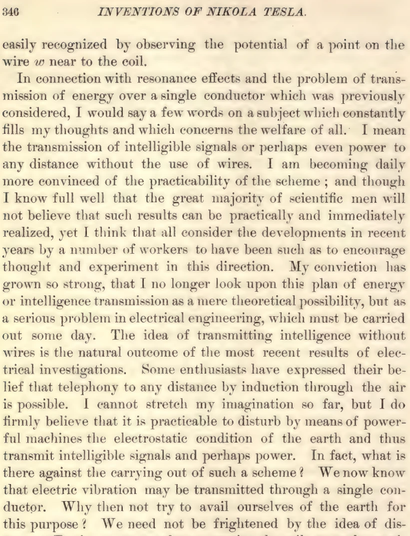 Detail of printed page 346 of the 1894 first edition: the page number and running head at the top, then the paragraph in which Tesla writes of transmitting intelligible signals or perhaps even power to any distance without the use of wires, and in the same paragraph of the great majority of scientific men who will not believe such results can be practically and immediately realized