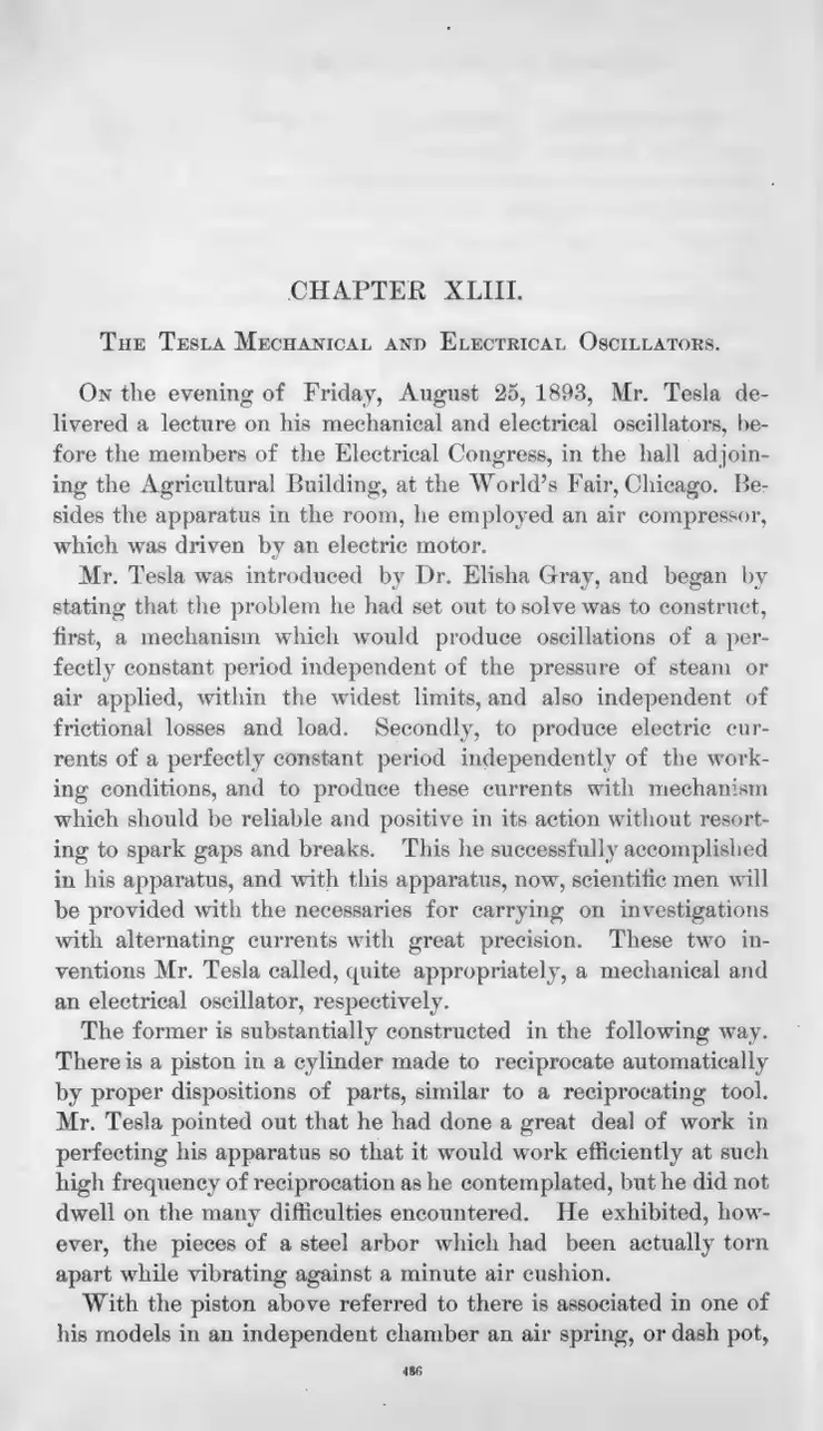 Scan of printed page 486 of the 1894 first edition: the head of Chapter XLIII, 'The Tesla Mechanical and Electrical Oscillators', reporting Tesla's 25 August 1893 lecture at the World's Fair