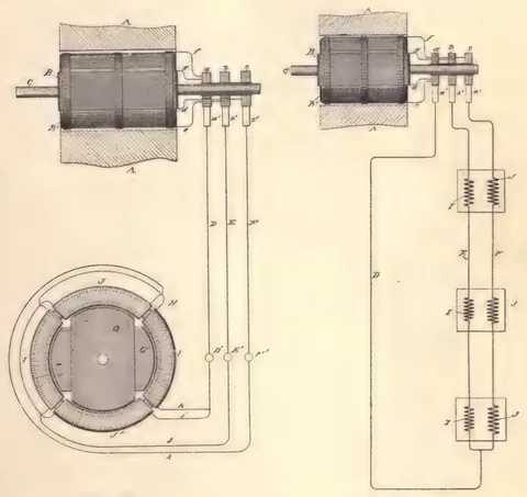 1894 engraving, fig. 24, printed p. 27: Polyphase generator and motor linked through transformers to three lamp/meter sets - full wiring diagram