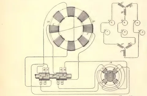1894 engraving, figs. 27 and 26, printed p. 34: Segmented ring armature with switch/commutator blocks and connecting leads