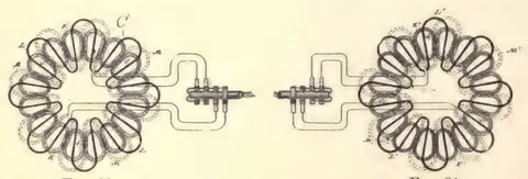 1894 engraving, fig. 30, printed p. 38: Two segmented-ring machines (a generator and a motor) coupled through a small transformer/switch block