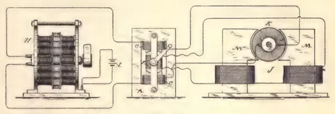 1894 engraving, fig. 36, printed p. 47: Three apparatus blocks in a row: induction coil, switch panel, and a small machine with leads