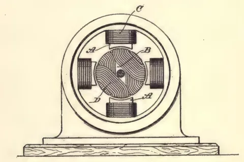 1894 engraving, fig. 67, printed p. 81: Machine on a base: ring frame with four coil groups and a shaded disc armature