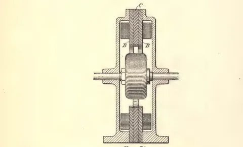 1894 engraving, fig. 74, printed p. 90: Vertical machine in section: drum armature on a shaft between two bearing/brush blocks