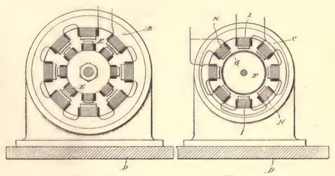 1894 engraving, figs. 78 and 79, printed p. 97: Two segmented-ring machines side by side on bases, with connecting leads