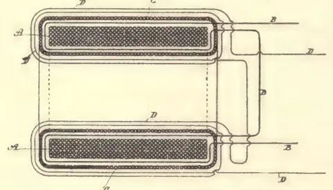 1894 engraving, fig. 95, printed p. 114: Two long mesh-screened rectangles with taps and leads - a modified transformer form