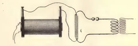 1894 engraving, fig. 127, printed p. 193: A coil connected to a tube and a receiving coil