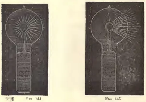1894 photograph, figs. 144 and 145, printed p. 228: Two photographs, Figs. 144 and 145: exhausted lamp globes above their screw bases on dark grounds, left with luminous rays radiating across the whole globe from its centre, right with the rays gathered into a fan at one side