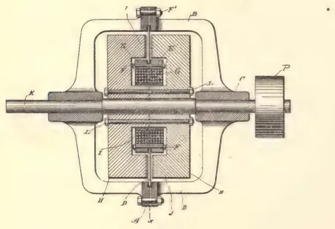 1894 engraving, fig. 205, printed p. 378: Plan view of a machine: two square coil groups on a frame with a shaft and a flywheel