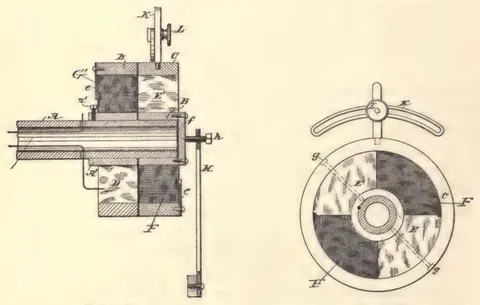 1894 engraving, figs. 247 and 246, printed p. 434: A machine section with a commutator, beside a circular diagram of four quadrant segments