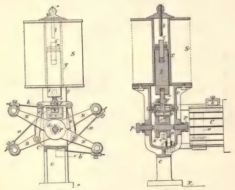 1894 engraving, fig. 266, printed p. 446: Two views of a vertical machine with a star-shaped rotor and a base