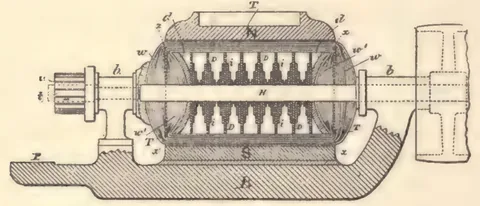1894 engraving, fig. 271, printed p. 452: A machine with a row of pointed contacts along a shaft and a flywheel