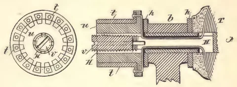 1894 engraving, figs. 275 and 276, printed p. 455: A segmented ring diagram beside a machine section with a piston-like element