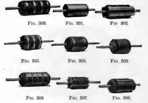 1894 engraving, figs. 300 to 308, printed p. 482: Nine armature engravings with their printed captions, Fig. 300 to Fig. 308