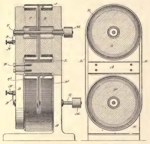 1894 engraving, figs. 290 and 291, printed p. 466: Side view, partly in section, of a machine with two flywheels on a base